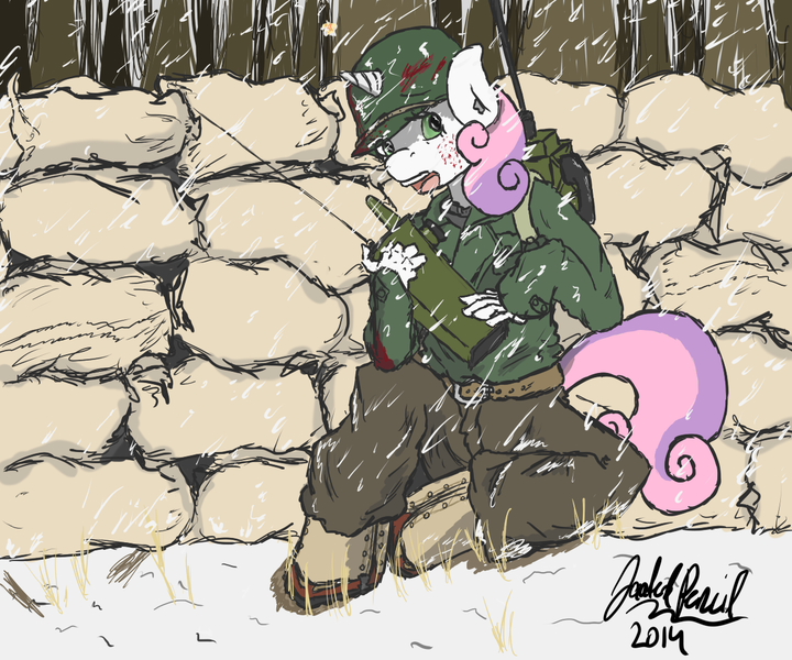 Size: 1200x1000 | Tagged: anthro, artist:jadedpencil, battle of the bulge, blood, clothes, radio, semi-grimdark, signature, solo, sweetie belle, us army, war, world war ii