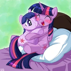 Size: 967x967 | Tagged: safe, artist:uotapo, derpibooru import, twilight sparkle, twilight sparkle (alicorn), alicorn, pony, 4de, bed, blushing, cute, eyes closed, female, happy, hug, mare, nuzzling, open mouth, pillow, plushie, sitting, smiling, solo, twiabetes, twidoll, underhoof, uotapo is trying to murder us, weapons-grade cute