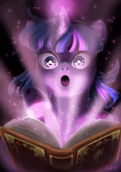 Size: 595x842 | Tagged: safe, artist:nottocco, derpibooru import, twilight sparkle, book, glowing horn, horn, image, jpeg, pixiv, shocked, solo, spellbook