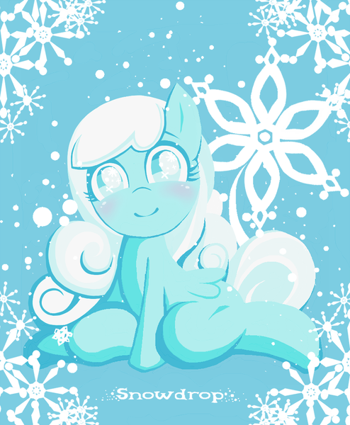 Size: 830x1008 | Tagged: artist:zat, blushing, cute, derpibooru import, filly, looking at you, oc, oc:snowdrop, pixiv, safe, snow, snowfall, solo, unofficial characters only