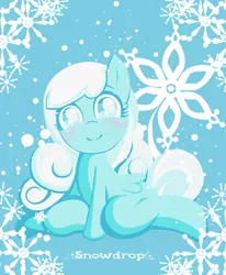 Size: 830x1008 | Tagged: artist:zat, blushing, cute, derpibooru import, filly, looking at you, oc, oc:snowdrop, pixiv, safe, snow, snowfall, solo, unofficial characters only