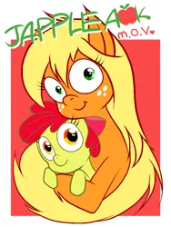 Size: 720x960 | Tagged: apple bloom, applejack, artist:zat, cute, derpibooru import, hatless, jappleack, long mane, missing accessory, .mov, pixiv, pony.mov, safe