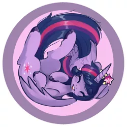 Size: 500x500 | Tagged: safe, artist:techtechno, derpibooru import, twilight sparkle, twilight sparkle (alicorn), alicorn, pony, big crown thingy, button, eyes closed, female, fetal position, hooves, mare, solo, thick eyebrows, upside down