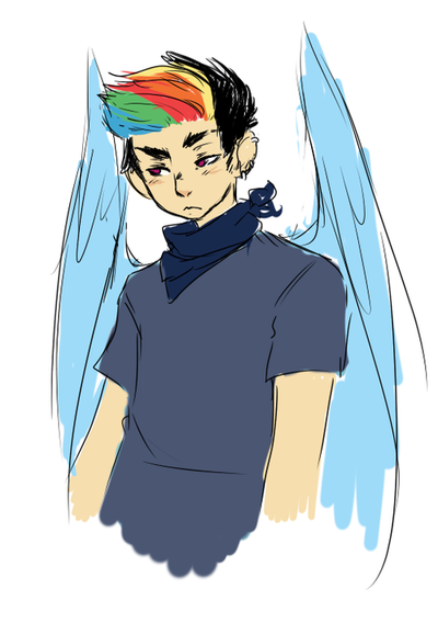 Size: 400x568 | Tagged: artist:techtechno, askequestrianboys, bandana, derpibooru import, human, humanized, natural hair color, rainbow blitz, rainbow dash, rule 63, safe, simple background, solo, white background, winged humanization