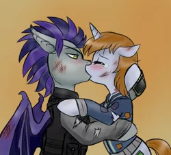 Size: 952x860 | Tagged: safe, artist:jitterbugjive, derpibooru import, oc, oc:biohazard skies, oc:littlepip, unofficial characters only, bat pony, pony, unicorn, fallout equestria, blushing, bruised, clothes, crying, eyes closed, female, floppy ears, hug, injured, kissing, male, pipbuck, shipping, spread wings, straight, torn clothes