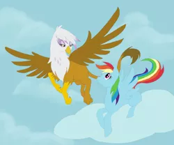 Size: 650x542 | Tagged: artist needed, safe, derpibooru import, ponibooru import, gilda, rainbow dash, gryphon, cloud, cloudy, flying