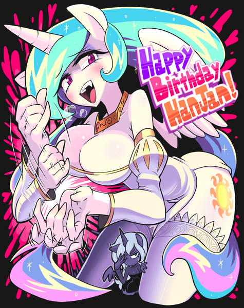 Size: 1200x1516 | Tagged: alternate version, ambiguous facial structure, anthro, artist:gashi-gashi, ass, big breasts, birthday gift, breasts, busty princess celestia, butt, clothes, derpibooru import, dress, facepalm, female, hand, happy, heart, implied handjob, legs, princess celestia, princess luna, socks, stroking, suggestive