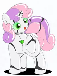 Size: 2858x3781 | Tagged: safe, alternate version, artist:yasumitsu, derpibooru import, sweetie belle, pony, robot, robot pony, unicorn, female, filly, foal, hooves, horn, pixiv, raised hoof, simple background, solo, sweetie bot