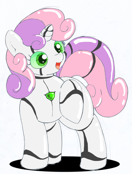 Size: 2858x3781 | Tagged: safe, alternate version, artist:yasumitsu, derpibooru import, sweetie belle, pony, robot, robot pony, unicorn, female, filly, foal, hooves, horn, open mouth, pixiv, raised hoof, solo, sweetie bot