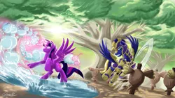 Size: 1920x1080 | Tagged: safe, artist:doomsp0rk, derpibooru import, twilight sparkle, twilight sparkle (alicorn), oc, oc:zephyr, alicorn, pony, armor, female, helmet, magic, mare, royal guard, tree, twiphyr, water