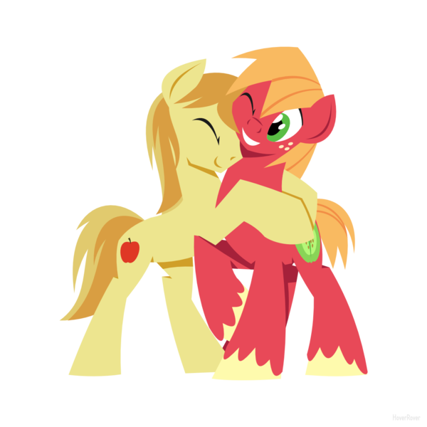 Size: 1280x1280 | Tagged: safe, artist:hoverrover, derpibooru import, big macintosh, braeburn, earth pony, pony, braemac, colored hooves, eyes closed, gay, hooves, hug, lineless, male, one eye closed, raised hoof, shipping, simple background, smiling, stallion, teeth, transparent background