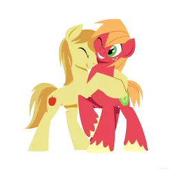 Size: 1280x1280 | Tagged: safe, artist:hoverrover, derpibooru import, big macintosh, braeburn, earth pony, pony, braemac, colored hooves, eyes closed, gay, hooves, hug, lineless, male, one eye closed, raised hoof, shipping, simple background, smiling, stallion, teeth, transparent background