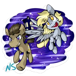 Size: 2800x2800 | Tagged: safe, artist:nekosnicker, derpibooru import, derpy hooves, doctor whooves, time turner, pegasus, pony, doctor who, female, mare, mouth hold, smiling, smirk, sonic screwdriver, space, stars, tardis