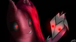 Size: 2560x1440 | Tagged: safe, artist:deviousfate, derpibooru import, pinkie pie, blade, dark, glow, pinkamena diane pie, solo