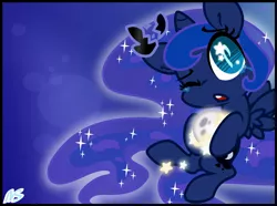 Size: 1888x1408 | Tagged: safe, artist:nekosnicker, derpibooru import, princess luna, moon, solo, stars, tangible heavenly object, wink