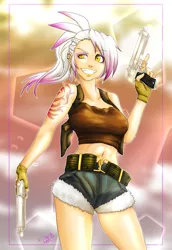 Size: 2000x2900 | Tagged: safe, artist:ereb-tauramandil, derpibooru import, gilda, human, ask-radical-gilda, belly button, belt, beretta, beretta 92fs, black lagoon, braid, breasts, busty gilda, clothes, cosplay, dual wield, ear piercing, fingerless gloves, gloves, gun, humanized, image, jpeg, marÿke hendrikse, midriff, piercing, pistol, revy, solo, trigger discipline, voice actor joke