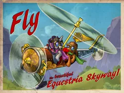 Size: 1724x1290 | Tagged: applejack, artist:harwick, autogyro, derpibooru import, flying contraption, gyro-flyer, helicopter, idw, pilotjack, plane, postcard, rarity, safe, spoiler:comic, spoiler:comicff8, steampunk, that was fast, united airlines