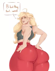 Size: 1719x2214 | Tagged: applebucking thighs, applebutt, applejack, applejacked, artist:sundown, ass, breasts, clothes, derpibooru import, erect nipples, female, freckles, human, humanized, impossibly large butt, impossibly large thighs, large butt, midriff, nipple outline, open mouth, pants, solo, solo female, speech bubble, sports bra, suggestive, sweatpants, the ass was fat, thighs, thunder thighs, wide hips, workout outfit, yoga pants