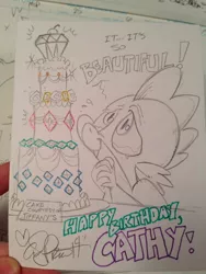 Size: 768x1024 | Tagged: artist:andypriceart, cake, cathy weseluck, derpibooru import, jewels, safe, solo, spike, traditional art