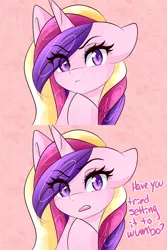 Size: 1280x1920 | Tagged: artist:sugarberry, ask-cadance, derpibooru import, eye clipping through hair, floppy ears, frown, looking at you, mermaid man and barnacle boy iv, princess cadance, safe, solo, spongebob squarepants, thinking, tumblr, wumbo