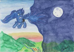 Size: 2819x1987 | Tagged: safe, artist:airtower, derpibooru import, princess luna, day, flying, looking back, moon, night, smiling, solo, spread wings, traditional art