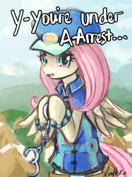Size: 1280x1707 | Tagged: safe, artist:lumineko, derpibooru import, admiral fairy flight, fluttershy, pegasus, pony, semi-anthro, testing testing 1-2-3, 30 minute art challenge, ancient wonderbolts uniform, bipedal, clothes, costume, crying, cuffs, dialogue, female, looking at you, mare, open mouth, police officer, solo, uniform
