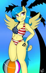 Size: 1024x1619 | Tagged: american flag, american flag bikini, anthro, anthro oc, artist:fairdahlia, beach ball, belly button, bikini, breasts, cleavage, clothes, derpibooru import, female, flag, oc, oc:dahlia, palm tree, pegasus, raised leg, smiling, solo, solo female, suggestive, summer, swimsuit, tree, united states, unofficial characters only