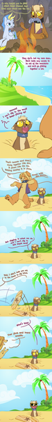 Size: 500x4000 | Tagged: safe, artist:dinkelion, artist:lark, derpibooru import, surf, oc, oc:doppel, oc:starfish, unofficial characters only, changeling, diamond dog, pegasus, pony, ask doppel, beach, comic, irrational exuberance, surfboard