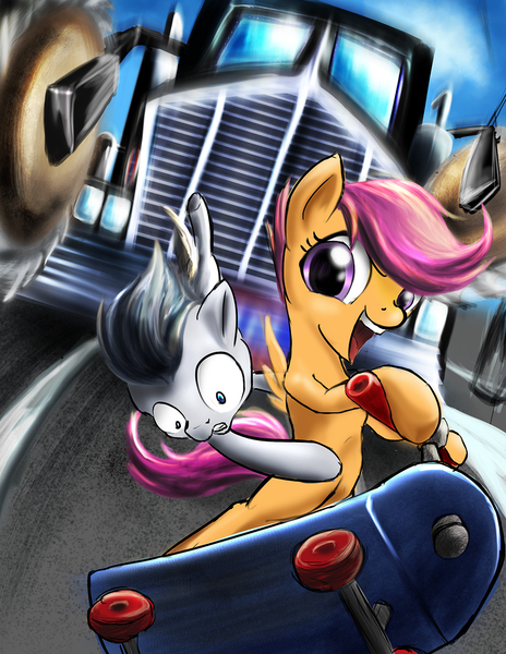 Size: 1063x1375 | Tagged: safe, artist:d-lowell, derpibooru import, rumble, scootaloo, city escape, commission, crossover, female, gun truck, image, jpeg, male, rumbloo, scooter, shipping, sonic adventure 2, sonic generations, sonic the hedgehog, sonic the hedgehog (series), straight, truck