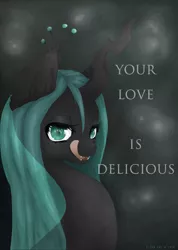 Size: 3579x5031 | Tagged: safe, artist:e-pon, derpibooru import, queen chrysalis, bedroom eyes, fangs, licking lips, looking at you, open mouth, portrait, poster, smiling, solo, tongue out