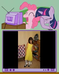 Size: 1276x1594 | Tagged: safe, derpibooru import, pinkie pie, twilight sparkle, exploitable meme, makes no sense, meme, mixed reactions, obligatory pony, tv meme, wat