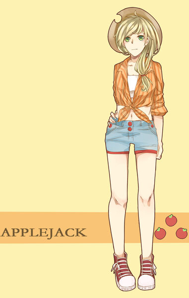 Size: 1863x2935 | Tagged: applejack, artist:bc neko, belly button, clothes, derpibooru import, front knot midriff, human, humanized, midriff, pixiv, safe, shorts, solo