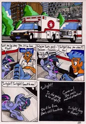 Size: 1374x1985 | Tagged: safe, artist:newyorkx3, derpibooru import, flash sentry, twilight sparkle, twilight sparkle (alicorn), alicorn, human, pony, comic:twilight and the big city, ambulance, chevrolet, comic, faint, female, ford, mare, traditional art