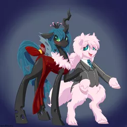 Size: 1280x1280 | Tagged: safe, artist:hobbsmeerkat, derpibooru import, queen chrysalis, oc, oc:fluffle puff, pony, bipedal, blushing, canon x oc, chrysipuff, clothes, dress, female, lesbian, necktie, shipping, suit, tail bow