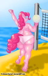 Size: 2306x3649 | Tagged: anthro, arm hooves, artist:professordoctorc, ass, bbw, beach, bikini, breasts, chubby, clothes, derpibooru import, fat, fat boobs, muffin top, pinkie pie, solo, suggestive, swimsuit, the ass was fat, unguligrade anthro, volleyball