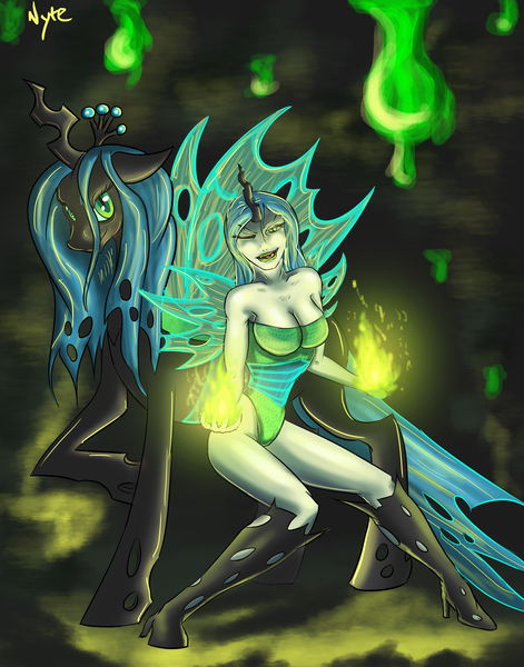 Size: 3300x4200 | Tagged: artist:forevernyte, breasts, cleavage, derpibooru import, female, high heels, horned humanization, human, humanized, human ponidox, leotard, licking lips, magic, queen chrysalis, solo, solo female, suggestive, winged humanization, wink