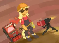 Size: 2000x1479 | Tagged: safe, artist:st-el, derpibooru import, applejack, pony, bipedal, clothes, crossover, dispenser, engineer, sentry, solo, team fortress 2, wrench