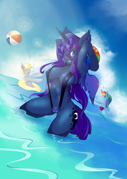 Size: 1710x2400 | Tagged: absolute cleavage, anthro, armpits, artist:artist-apprentice587, beach, beach ball, bikini, blushing, breasts, cameltoe, cleavage, clothes, derpibooru import, derpy hooves, female, princess luna, questionable, rainbow dash, sling bikini, swimsuit, wedgie