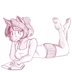 Size: 700x700 | Tagged: anthro, anthro oc, artist:goat train, barefoot, book, derpibooru import, feet, looking at you, monochrome, oc, oc:gloomy, plantigrade anthro, prone, safe, soles, solo, unofficial characters only