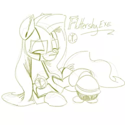 Size: 700x700 | Tagged: armor, artist:goat train, crossover, derpibooru import, eyes closed, fluttershy, megaman battle network, monochrome, petting, prone, safe, side, sketch, smiling, solo