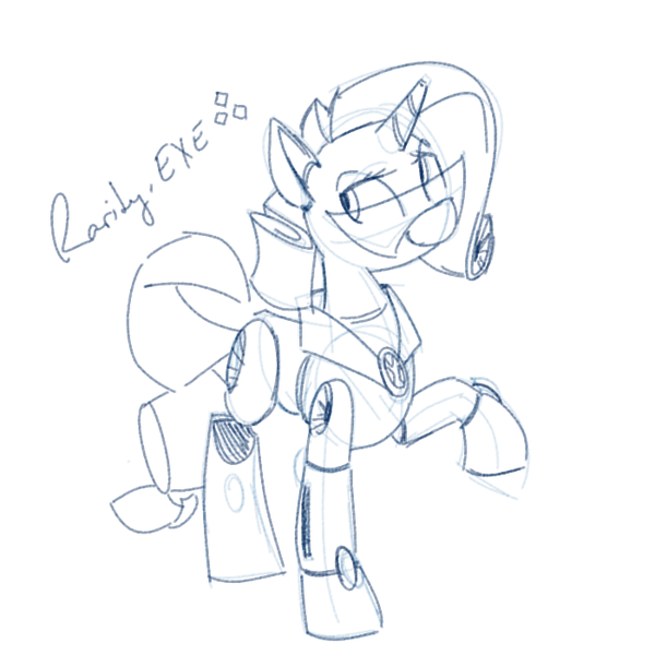 Size: 700x700 | Tagged: armor, armorarity, artist:goat train, derpibooru import, megaman battle network, monochrome, raised hoof, rarity, safe, sketch, solo, visor