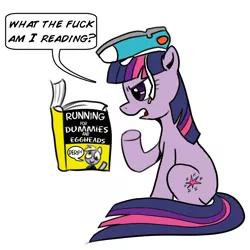 Size: 1000x1000 | Tagged: safe, artist:madmax, derpibooru import, derpy hooves, twilight sparkle, pegasus, pony, book, female, for dummies, mare, shoe on head, shoes, solo, twilight is not amused, unamused, vulgar, wardrobe misuse, what the fuck am i reading