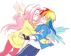 Size: 1128x899 | Tagged: safe, artist:megarexetera, derpibooru import, fluttershy, rainbow dash, human, blushing, eye contact, falling, female, flutterdash, hug, humanized, lesbian, open mouth, shipping, sketch, tackle, winged humanization