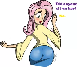 Size: 1467x1288 | Tagged: artist:chillguydraws, ass, blushing, bridle gossip, derpibooru import, dialogue, female, flutterbutt, fluttershy, human, humanized, looking back, :o, offscreen character, open mouth, rule 7 bait, scene interpretation, simple background, solo, solo female, suggestive, twisting, white background, wide eyes