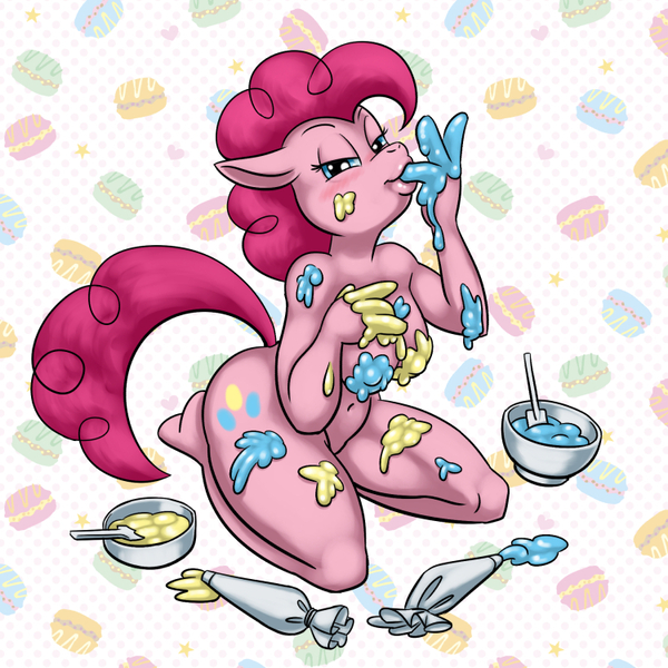 Size: 750x750 | Tagged: anthro, artist:carelessdoodler, bowl, breasts, derpibooru import, food, foodplay, frosting, icing bag, messy, nudity, pinkie pie, questionable