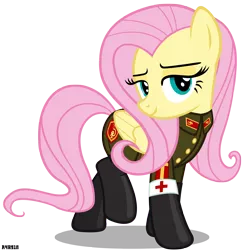 Size: 3000x3000 | Tagged: artist:a4r91n, bedroom eyes, clothes, derpibooru import, fluttershy, looking at you, military uniform, pose, safe, sergeant, simple background, solo, soviet, transparent background, uniform, vector