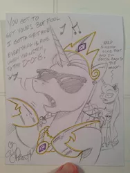 Size: 768x1024 | Tagged: andy you magnificent bastard, artist:andypriceart, bling, clothes, derpibooru import, gangsta, gangstalestia, gangsta rap, hiphop, luna is not amused, princess celestia, princess luna, rap, rapping, safe, shirt, singing, snoop dogg, song, song reference, sunglasses, the rolling stones, traditional art, unamused