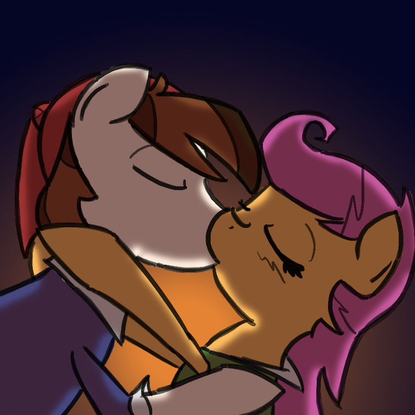 Size: 900x900 | Tagged: artist:eliwood10, ask, ask captain pipsqueak, derpibooru import, female, kissing, male, pipsqueak, safe, scootaloo, scootasqueak, shipping, straight, tumblr