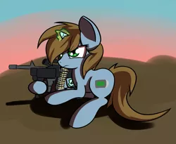 Size: 1445x1187 | Tagged: safe, artist:neuro, derpibooru import, oc, oc:littlepip, unofficial characters only, pony, unicorn, fallout equestria, fanfic, bullet, cutie mark, fanfic art, female, glowing horn, gun, hooves, horn, magic, mare, solo, telekinesis, wasteland, weapon