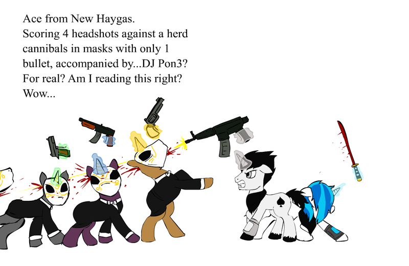 Size: 1150x750 | Tagged: grimdark, artist:glue123, derpibooru import, vinyl scratch, oc, oc:ace spade, pony, unicorn, vampire, ask one-eyed lola, fallout equestria, bandana, blood, clothes, death, fallout: new vegas, fangs, gun, head shot, katana, levitation, magic, mask, pipbuck, sig sauer p556, submachinegun, sword, telekinesis, tuxedo, weapon, white glove society